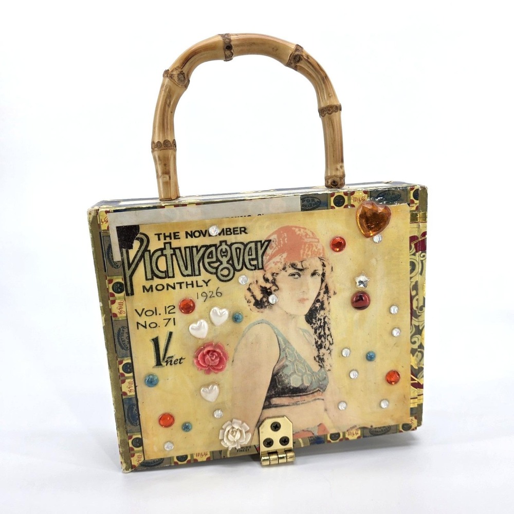 Vintage 1926 Picturegoer Magazine Wood Cigar Box Purse Bamboo Top Handle